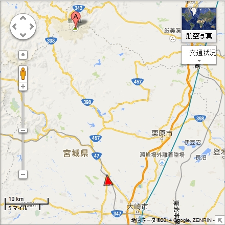 バルーンフェスティバル会場（赤三角地点）と栗駒山（A地点）地図（Google mapより）